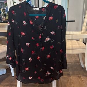 Max Studio Black Blouse with Red and White Floral Design